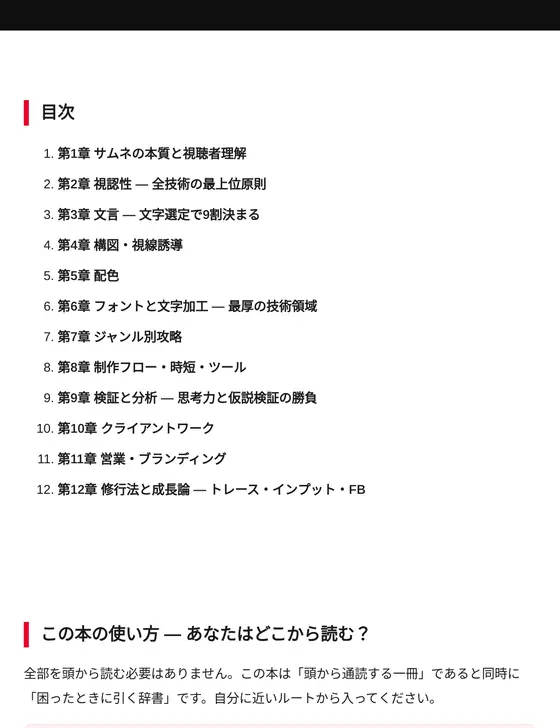 『サムネイルの強化書』の目次のページ。第1章から第12章まで並ぶ